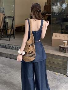 DAZY Women's Crew Neck Cropped Denim Vest And Wrap-Style Maxi Skirt Pants Denim Set, Stylish Vacation Vibe - Dark Wash - View 7