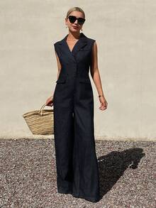 DAZY Women's Collared Sleeveless Casual Denim Jumpsuit Summer - Black - View 4