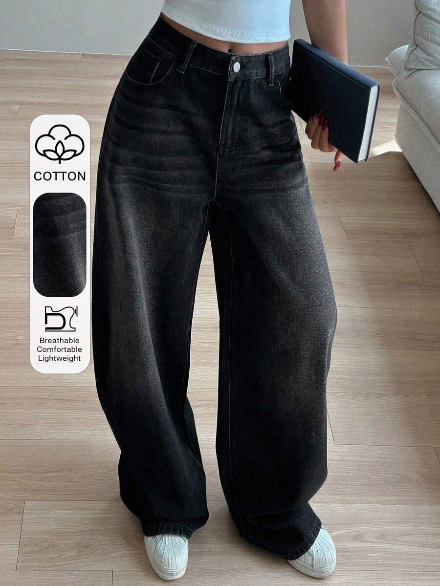 Dazy Tall Tall Women's Relaxed Fit Straight Leg Jeans, Casual Streetwear Fashion For Daily Commute - Black - View 1