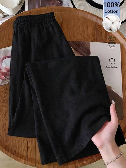 EMERY ROSE Pantalon décontracté en coton mélangé de couleur unie avec taille élastique, été