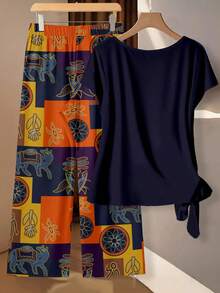 EMERY ROSE 女士系带蝴蝶结衬衫和直筒裤两件套 - 彩色 - 查看 4