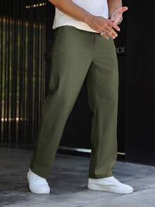 Manfinity Homme Men's Solid Color Straight Leg Loose Casual Pants - Army Green - View 4