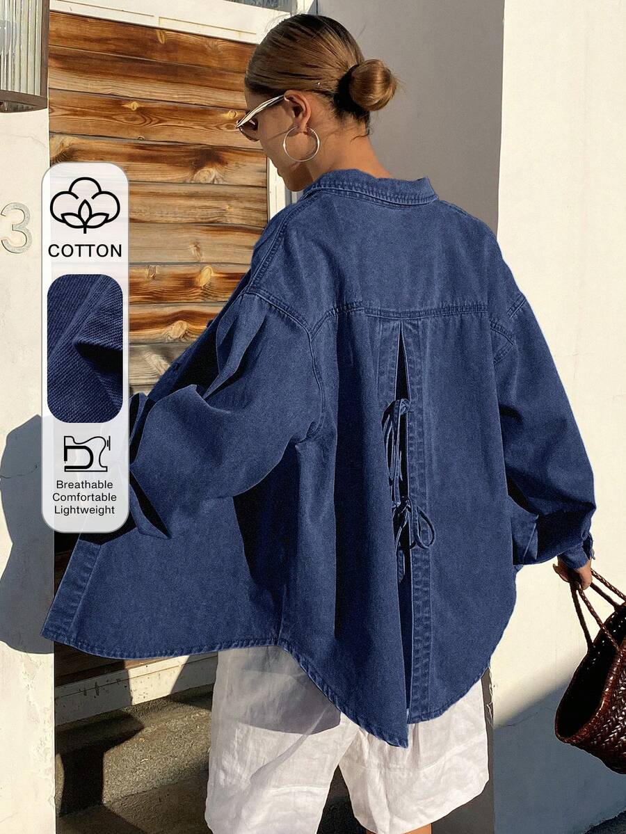 DAZY Áo khoác denim nữ dáng rộng, thoải mái, phong cách nghỉ dưỡng, có nơ, thích hợp cho mùa xuân và mùa hè. - Màu xanh lam - Xem 1