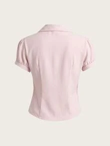 Elamini V领褶皱露胸收腰修身短袖女式衬衫（如果胸围较大，建议选择大一码），时尚百搭，适合办公室穿着。 - 藕粉色 - 查看 2