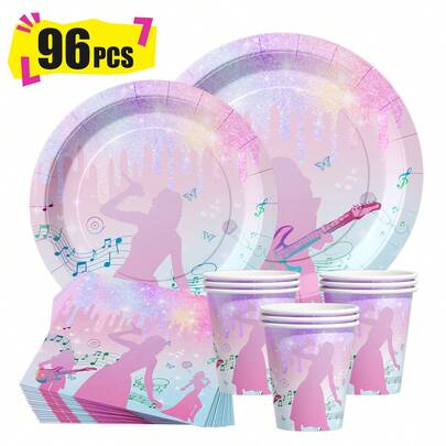 Bộ đồ dùng tiệc dùng một lần hình đàn guitar pha lê đế hồng, gồm đĩa, khăn ăn và cốc, phục vụ 24 người, thích hợp cho sinh nhật, đám cưới, tiệc theo chủ đề và dã ngoại gia đình.