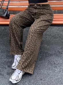 Dazy Plus Quần jean ống đứng dáng rộng in họa tiết da báo cỡ lớn có cạp chun, phong cách đường phố, phù hợp với mọi mùa - màu nâu - Xem 1