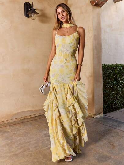 Enchnt 女士碎花拼接荷叶边下摆优雅吊带连衣裙，适合度假穿着