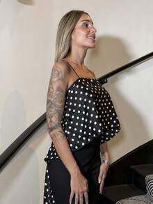 Mélanie ORL Áo hai dây hở lưng họa tiết chấm bi buộc vạt trước không đối xứng cho nữ, phong cách ngày lễ mùa hè - Đen và trắng - Xem 5