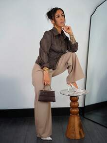 SAYEHFBABY Áo sơ mi kẻ sọc cổ điển ôm sát dành cho nữ - màu nâu - Xem 6