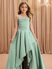 女童优雅时尚奢华吊带交叉肩无袖高腰收腰喇叭裙摆不对称长款下摆设计纯色缎面亮面面料高端圣诞节、毕业典礼、派对、万圣节活动礼服 - 綠色 - 查看 5