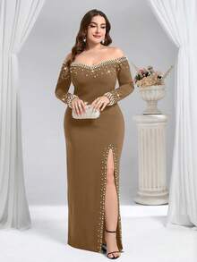 Coutiva Plus Size Beaded Off-Shoulder High Slit Formal Evening Gown - Khaki - View 7