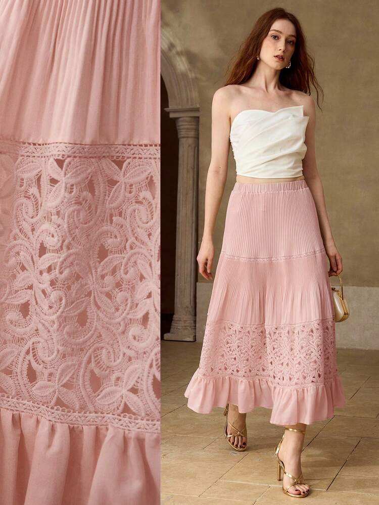 WOMEN'S SPRING/SUMMER A-LINE SKIRT WITH LACE PATCHWORK, TENCEL & WOOL BLEND