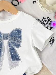 Elladie kids 一套女婴休闲时尚甜美可爱蝴蝶结印花短袖T恤和修身骑行短裤套装，夏季服装 - 彩色 - 查看 4