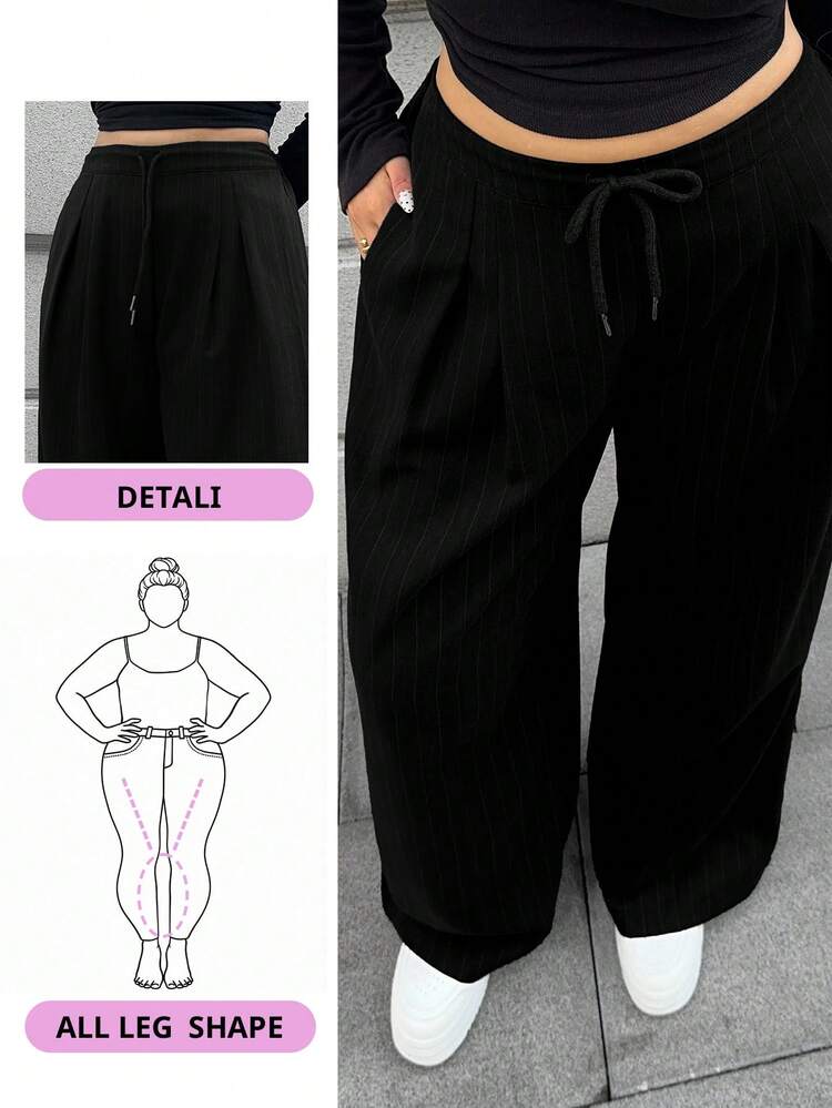 Dazy Plus Plus Size Women Striped Loose Straight Leg Drawstring Decor Long Casual Business Pants