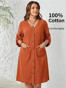 Rosumi 大码休闲宽松V领纽扣双口袋及膝连衣裙 - 亮橙色 - 查看 9