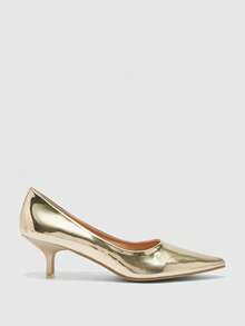 CUCCOO BIZCHIC Zapatos de tacón de aguja de gatito con punta afilada y diseño minimalista para mujer, simples y elegantes para la oficina y el trabajo - Dorado - Ver 9