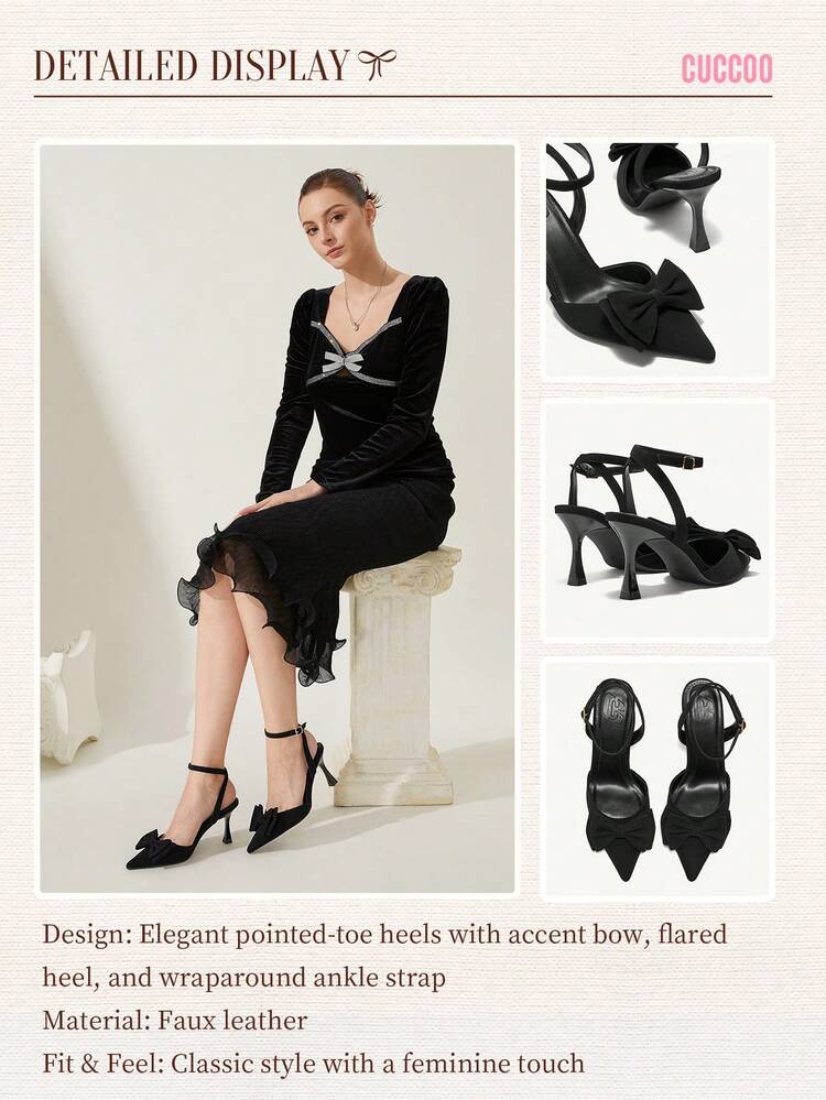 CUCCOO CHICEST Women's Black Bow Pointed Toe Buckle Strap Stilettos High Heel Sandals Summer Shoes Summer Break Easter Prom Heels For Christmas Elegant Shoes Wedding Shoes Summer Shoes Bride Shoes