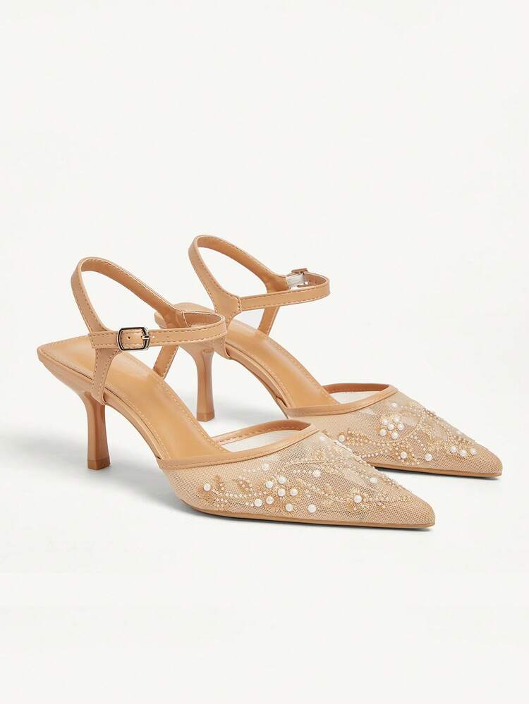 CUCCOO CHICEST Women's Fashion Pointed Toe Apricot Color Embroidery Mesh Pearl Banquet Elegant Lace-Up Stiletto High Heel Pumps