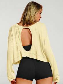 VARSITIE Women's Casual Solid Color Hollow Back Sports T-Shirt - Yellow - View 2