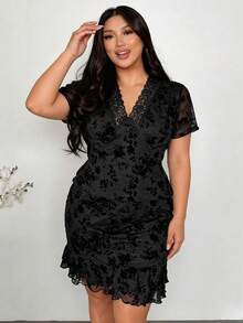 Firerie Plus Size Women V-Neck Lace Jacquard Top And Ruffle Hem Skirt 2-Piece Set,Elegant Black Summer Floral Dress For Dinner,Wedding Guest,Vacation Outfit - Black - View 1