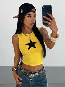 StreetHx Top corto de mujer con estampado de estrella negra - Amarillo - Ver 4