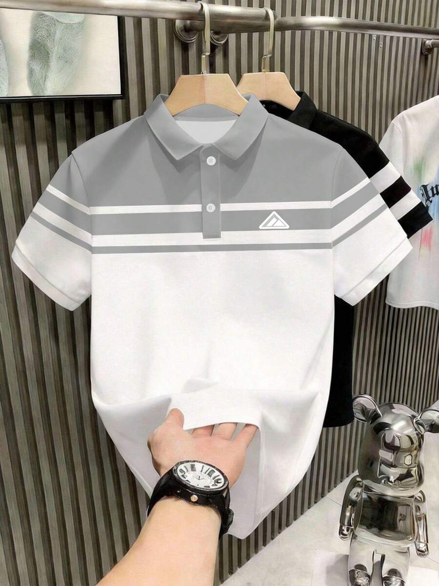 Manfinity Dauomo Camisa polo casual de manga corta con estampado geométrico de rayas para hombres - Multicolor - Ver 1