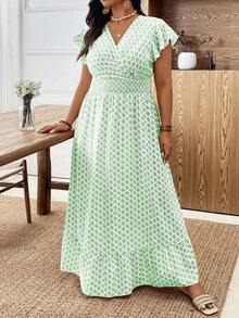 SHEIN Tall CURVE 优雅通勤度假风休闲褶皱荷叶边短袖弹力腰长连衣裙，舒适面料，百搭花卉图案，白色，大码及高个款 - 綠色 - 查看 5