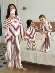 SHEIN Bộ áo thun polo tay dài kẻ sọc dễ thương thường ngày đa năng cho bé gái và quần cạp chun - Đỏ - Xem 7