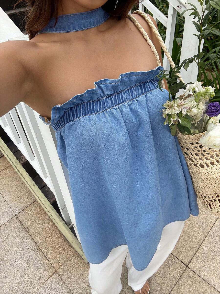 Sunnyshic Women's Casual Ruffle Halter Denim Blouse - Blue - View 1