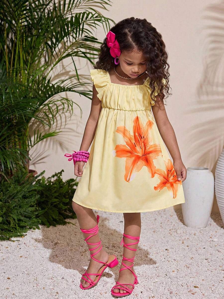 Young Girls Cute Floral Ruffle Hem Loose A-Line Casual Vacation Home Outdoor Back To School Dress, Spring/Summer - Yellow - View 1