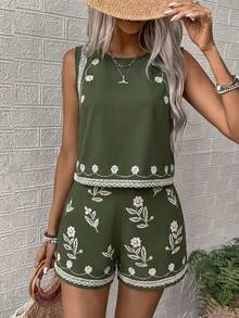 SHEIN LUNE 女士梭织休闲印花夏季两件套 - 綠色 - 查看 7