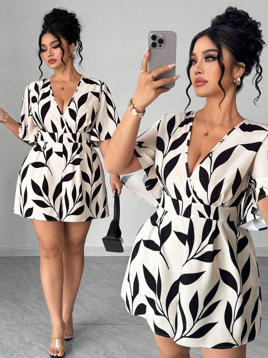 Elenzga Mono de mujer de talla grande con estampado floral y de hojas, cuello en V, manga corta, cintura ceñida, adecuado para primavera/verano, vuelta al colegio, vacaciones, graduación, días festivos, San Valentín, Navidad, festivales de música, Día de la Madre, Halloween, Acción de Gracias, Pascua, Día Nacional, bailes, cumpleaños, citas, fiestas, bodas, actividades al aire libre - Multicolor - Ver 1