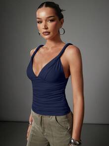 Hauture Women's Sexy Casual Twisted Shoulder With Low Back Design Going Out Basic Top - Navy Blue - View 4