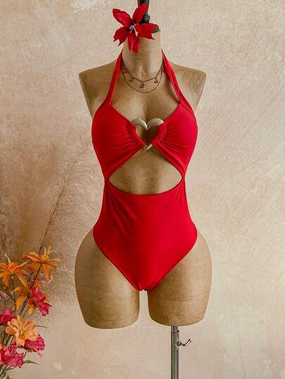 Soleia Traje de baño de una pieza de unicolor con decoración de corazón de metal de moda para vacaciones
