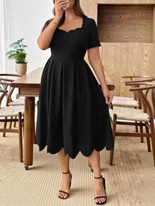 SHEIN CURVE+ Đầm nữ cỡ lớn thời trang, màu trơn, cổ vuông, viền ren, kiểu dáng thanh lịch - màu đen - Xem 4