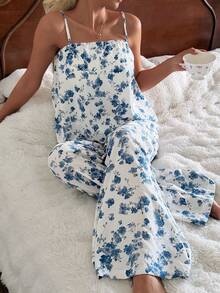 2pcs/Set Women's Ditsy Floral Camisole & Pants Pajama Set, Refreshing Home Wear - White - View 1