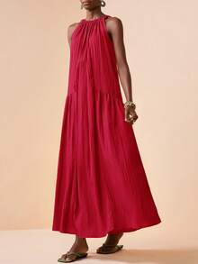 Zivah Vestido largo casual de cuello redondo sin mangas, con bolsillo lateral, nueva llegada de primavera 2026 para vacaciones - Rojo - Ver 4