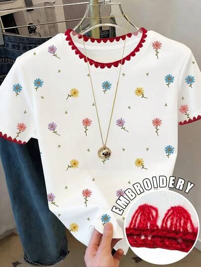 Resyla Tricou cu mânecă scurtă și imprimeu floral, tricou de vară, top drăguț pentru femei, tricou estetic, broderie cu dinți de câine