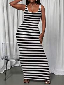 Maweii Plus Size Women Striped Print Sleeveless Bodycon Dress, Comfortable Vacation Dress - Multicolor - View 4