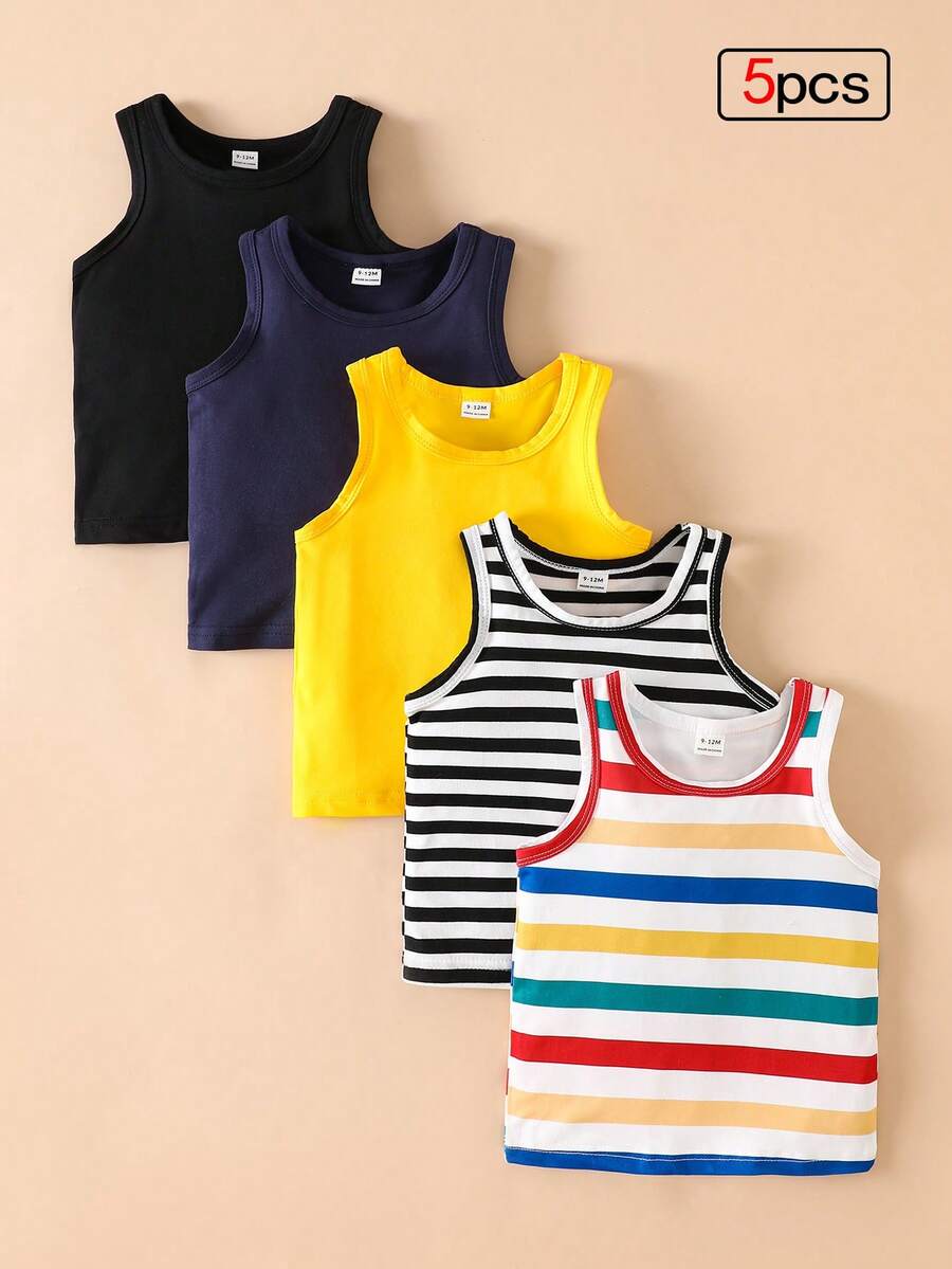 SHEIN Playful Pals 5件套休闲白色针织无袖背心,适合作为内搭,可用于户外活动、休闲穿着、旅行,适合6个月至3岁男婴。 - 彩色 - 查看 1