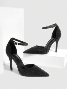 CUCCOO SZL Women's Sexy Pointed Toe Party Rhinestone Decorated Strap Buckle Closure High Heel Pumps For Christmas Spring Shoes - Black - View 8