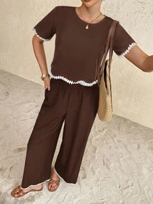 SHEIN Frenchy Bộ đồ 2 món dành cho nữ, kiểu dáng thường ngày, phối áo và quần, thích hợp cho kỳ nghỉ. - màu nâu - Xem 5