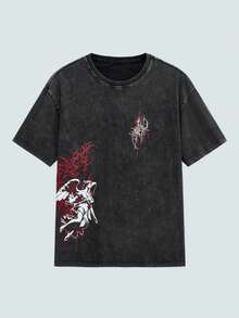 Modcrash 1 pieza Camiseta negra de hombre con estampado de ángel gótico, 100% algodón, tela suave y transpirable, corte holgado, adecuada para atuendos casuales diarios y de estilo callejero oscuro, estilo retro americano, unisex, corte relajado para atuendos de verano - Adecuado para uso diario y atuendos de vacaciones de verano. - Negro - Ver 1