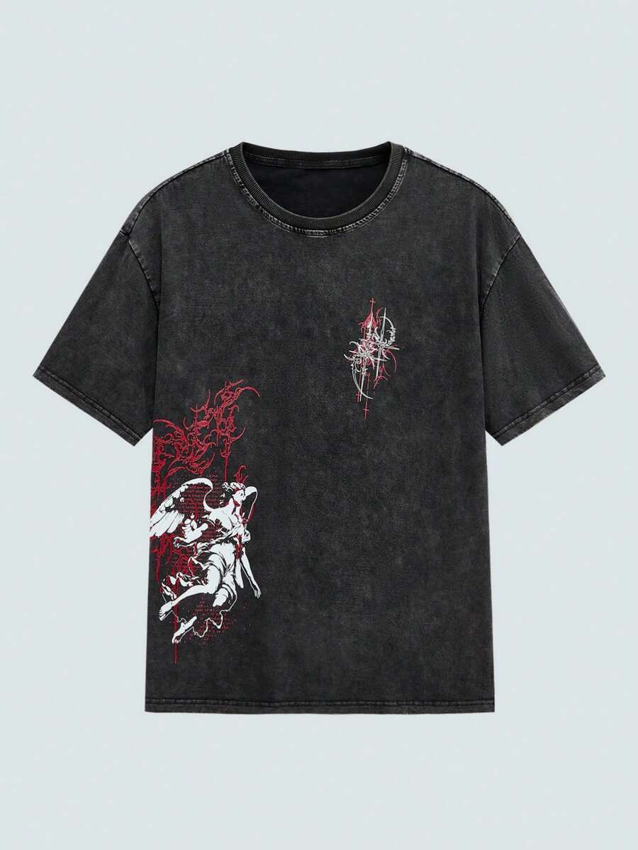 Modcrash 1 pieza Camiseta negra de hombre con estampado de ángel gótico, 100% algodón, tela suave y transpirable, corte holgado, adecuada para atuendos casuales diarios y de estilo callejero oscuro, estilo retro americano, unisex, corte relajado para atuendos de verano - Adecuado para uso diario y atuendos de vacaciones de verano. - Negro - Ver 1