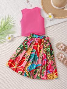 SHEIN 2件套女童简约吊带背心上衣和半裙，时尚百搭夏季畅销款 - 粉色 - 查看 2