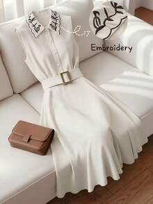 Franclia Women's Spring/Summer New Apricot Pearl Button Embroidered Collar Sleeveless Cinched Waist Casual Midi Dress, Suitable For Outing, Vacation, Holiday, Commute, Date, Afternoon Tea Elegant White Dress White Elegant Dress White Midi Dress Embroidered Collar Dress Sleeveless Midi Dress Pearl Dress Dress Spring Fashion Dress Dress Summer Cream Dress - Apricot - View 3