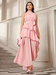 VOLUPTÉ CURVE 大码春夏雪纺连衣裙，优雅高领无袖系腰荷叶边下摆，适合派对、度假、生日、早午餐等场合。 - 粉色 - 查看 3