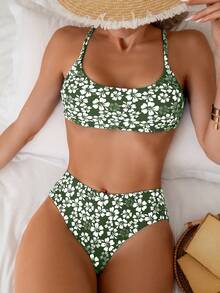 SHEIN Swim Women's Swimsuit Set, Printed Tankini, Wireless - Army Green - View 4