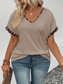 EMERY ROSE Women's Leopard Print V-Neck Short Sleeve Casual Versatile Plus Size T-Shirt, Hot Selling For Spring/Summer - Khaki - View 6