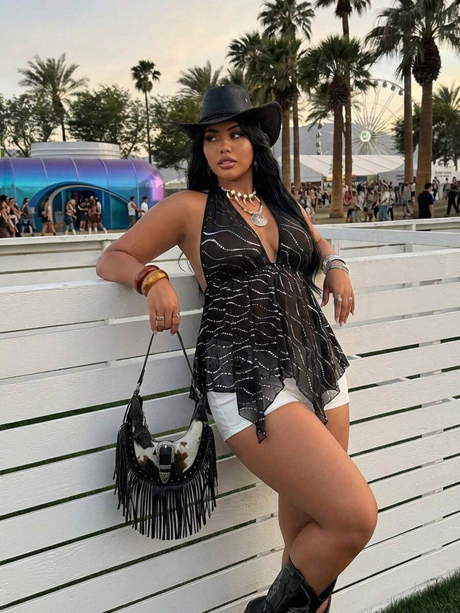 Rustia Plus Size Fashionable Sexy Sheer Sequin Mesh Deep V-Neck Asymmetric Hem Backless Halter Top - Multicolor - View 1